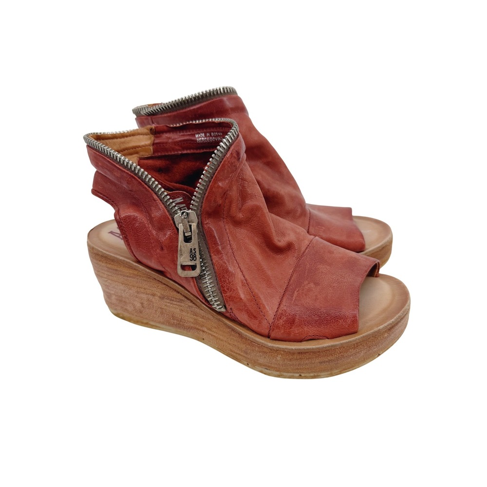A.S.98 Red Leather Peep Toe Wedge Booties Sandals Size 39